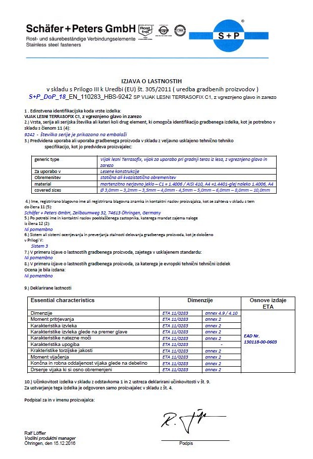 Izjava o lastnosti - HBS 9242 SP Vijak lesni TERRASOFIX C1