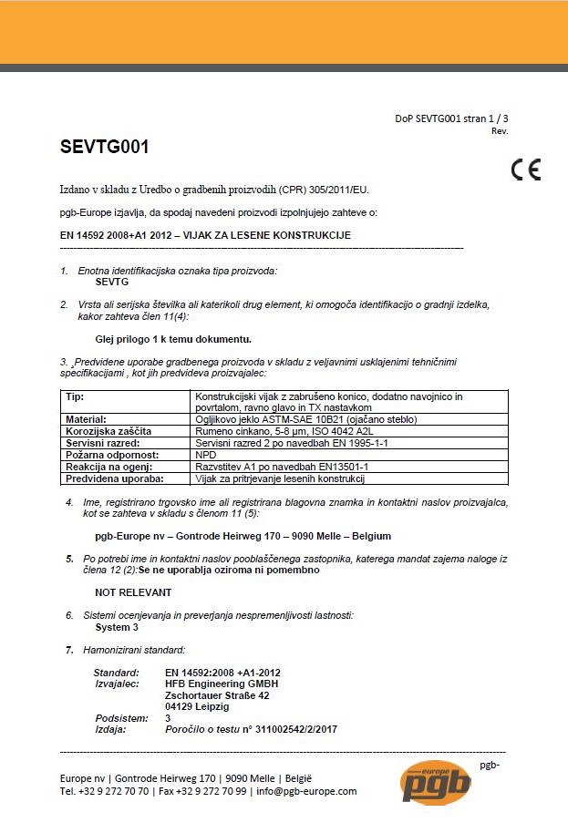 Declaration of performance - countersunk head screw SEVTG001