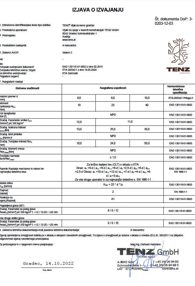 Izjava o lastnosti / Lesni vijak TENZ / 3-0203-12-03