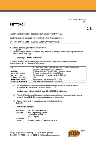 Izjava o lastnosti - konstrukcijski vijak RAVNA glava SETTG001