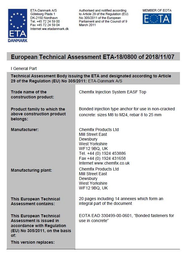 Dvokomponentna masa - vinylester ECO ( EASF ) | ETA-18/0800