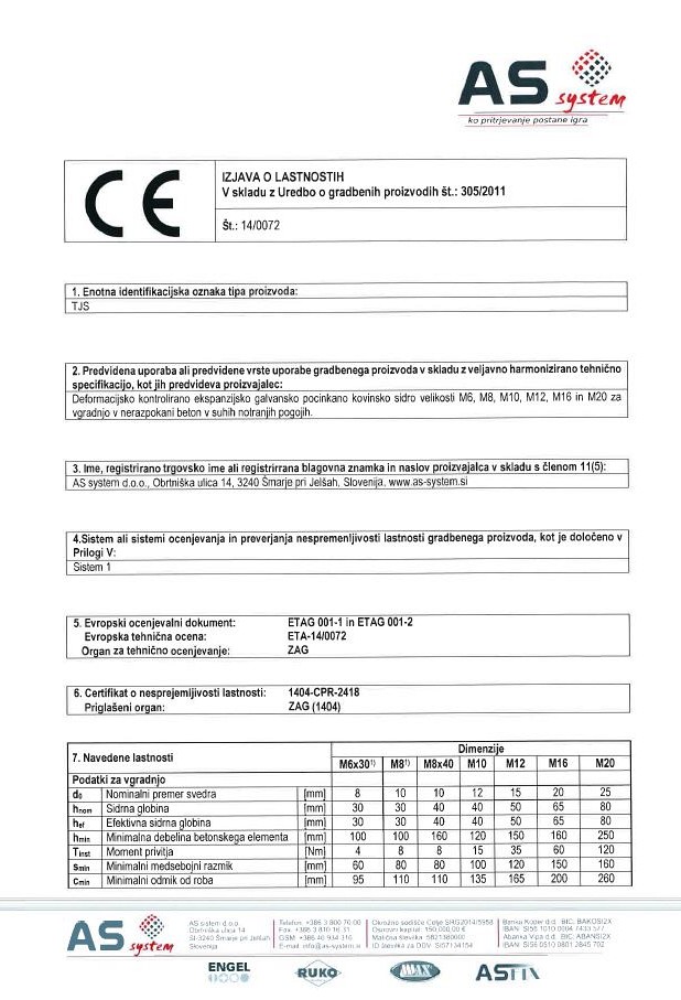 Declaration of performance of TJS (Triglav insert)