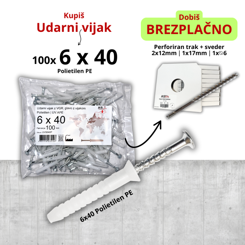 100x Udarni vijak 6x40 - BREZPLAČNO 2x12mm in 1x17mm perforiran trak